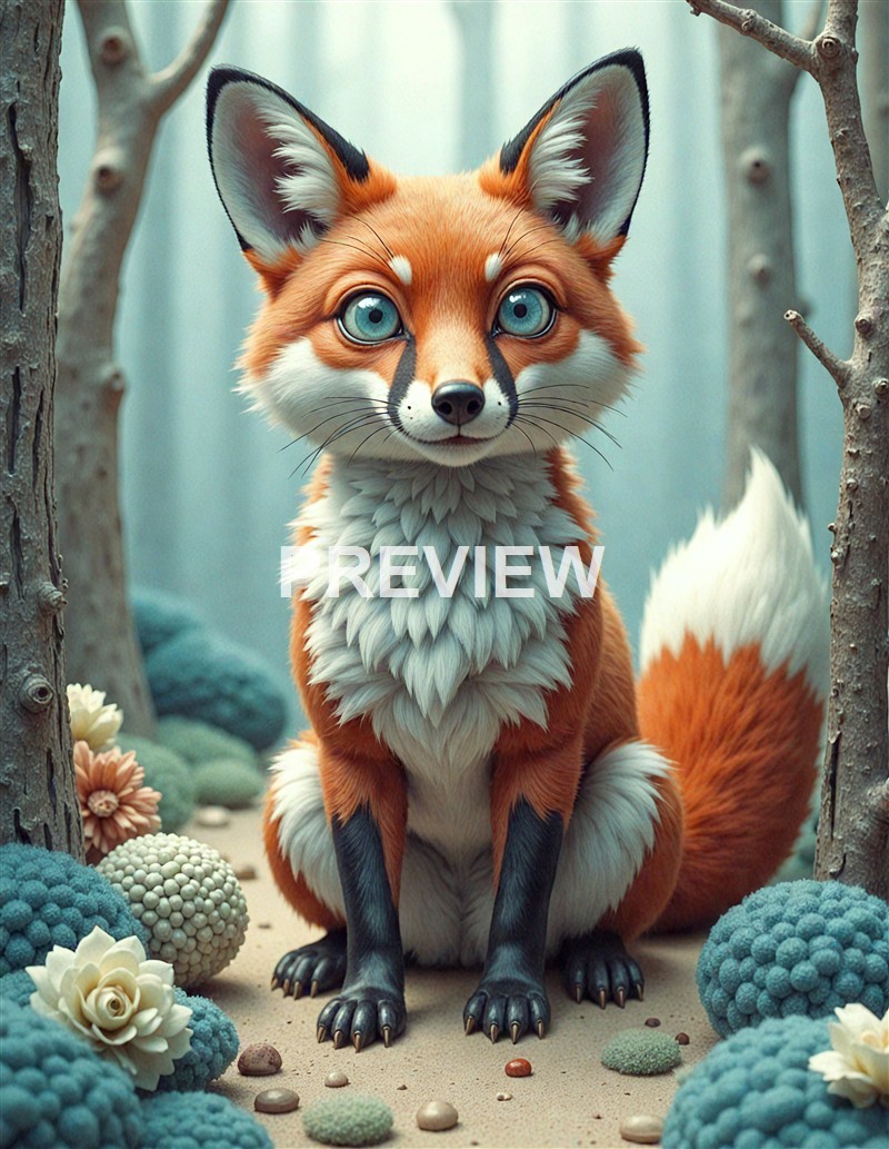 A highly detailed, realistic illustration of a fox with bright blue eyes, sitting in a forest setting surrounded by colorful, textured plants and flowers.